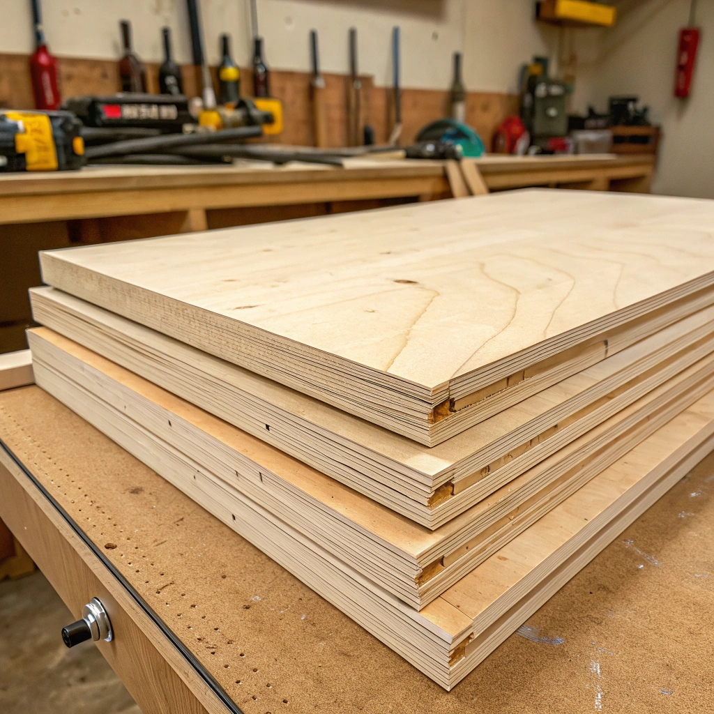 alt with Stack of plywood sheets on a workbench, ideal for woodworking projects