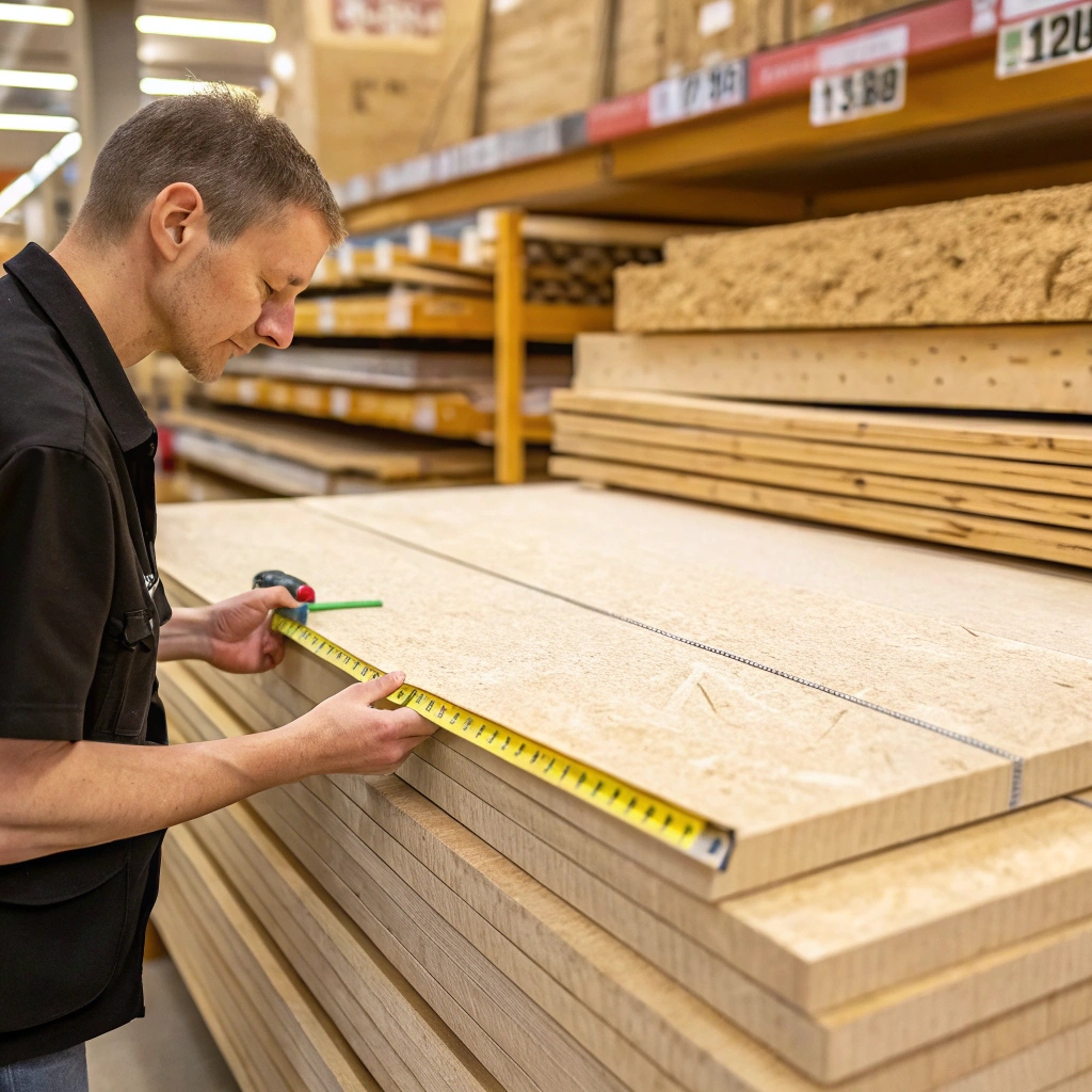 alt with Plywood inspection, worker measuring wooden boards in a hardware store, ensuring precision and accuracy