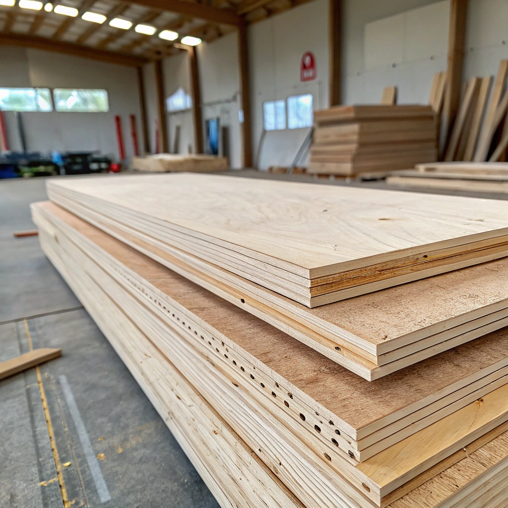 alt with Plywood in construction, stacked plywood boards in a warehouse, showing a clean and organized workspace