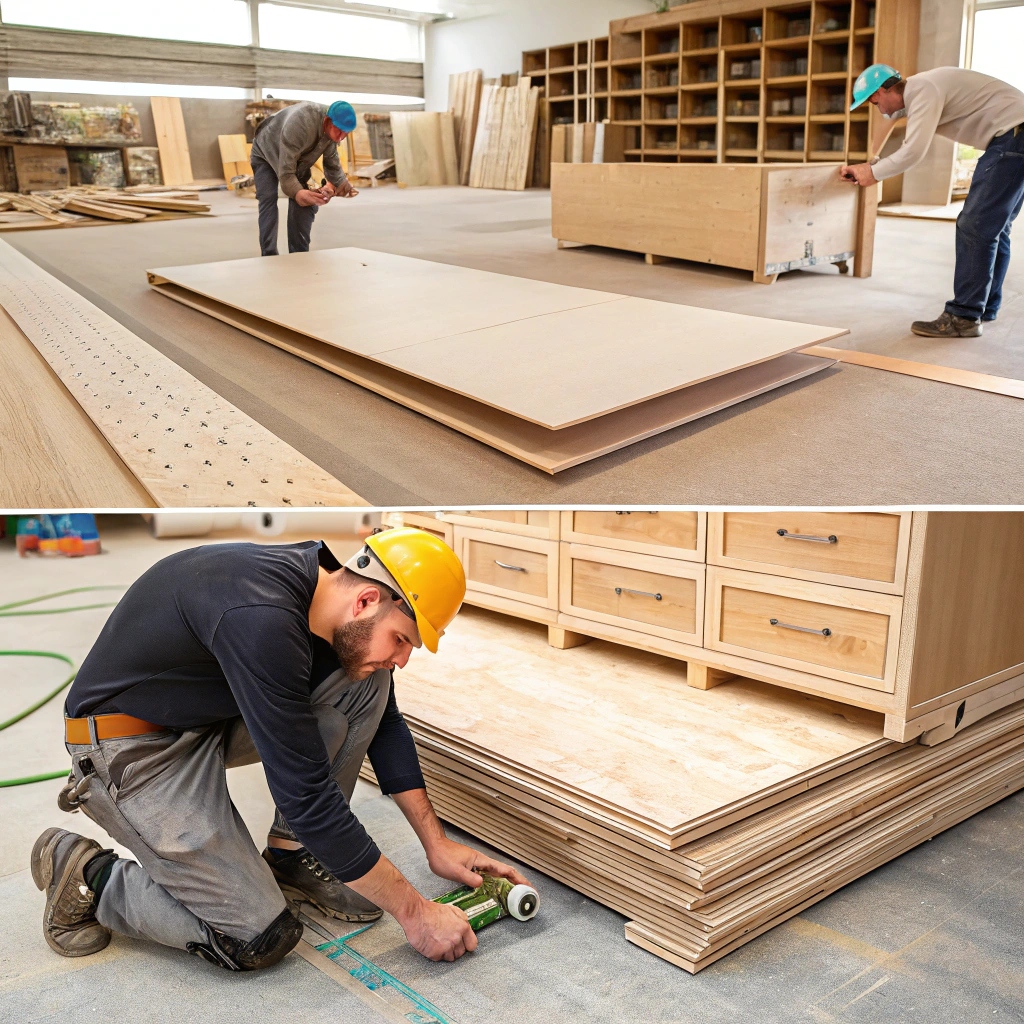 alt with Plywood in furniture, carpenters working on wooden boards and furniture assembly in a workshop, organized and detailed craftsmanship