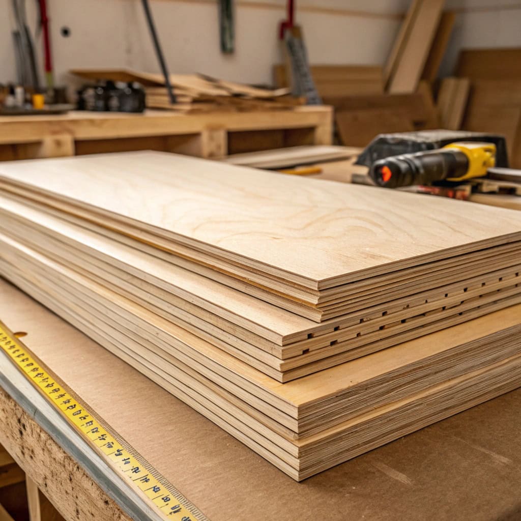 alt with Plywood sheets stacked in a workshop, showing detailed grain and precision cuts.