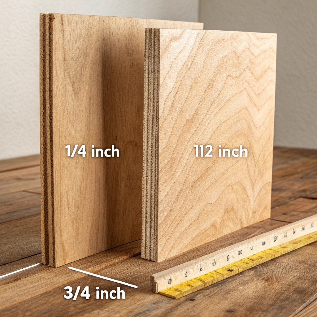 alt with Different plywood thicknesses with measurements, including 1/4 inch, 3/4 inch, and 112 inch.