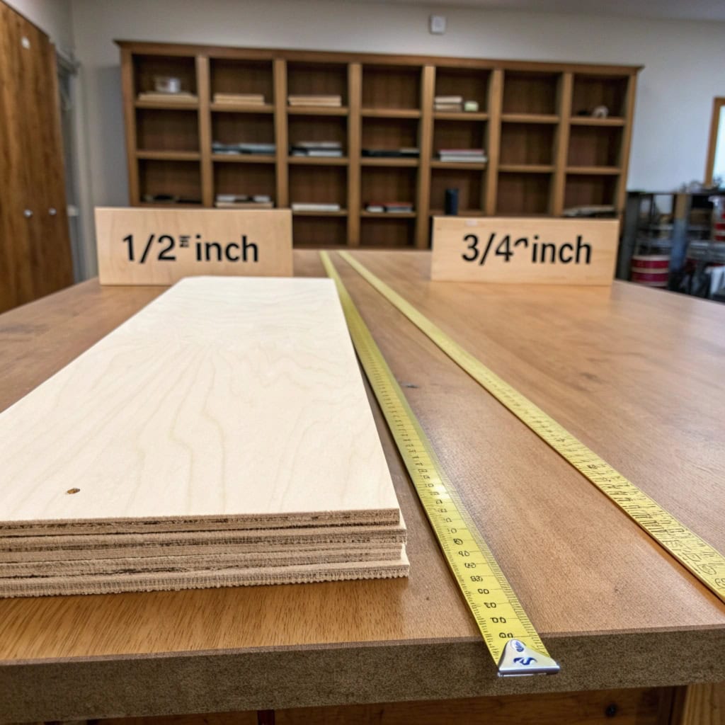 alt with Plywood boards with thickness measurements, 1/2 inch and 3/4 inch, displayed on a table.