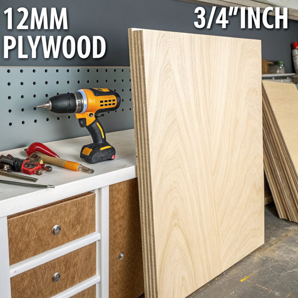 alt with 12mm plywood sheet labeled as 3/4 inch with tools on a workbench.