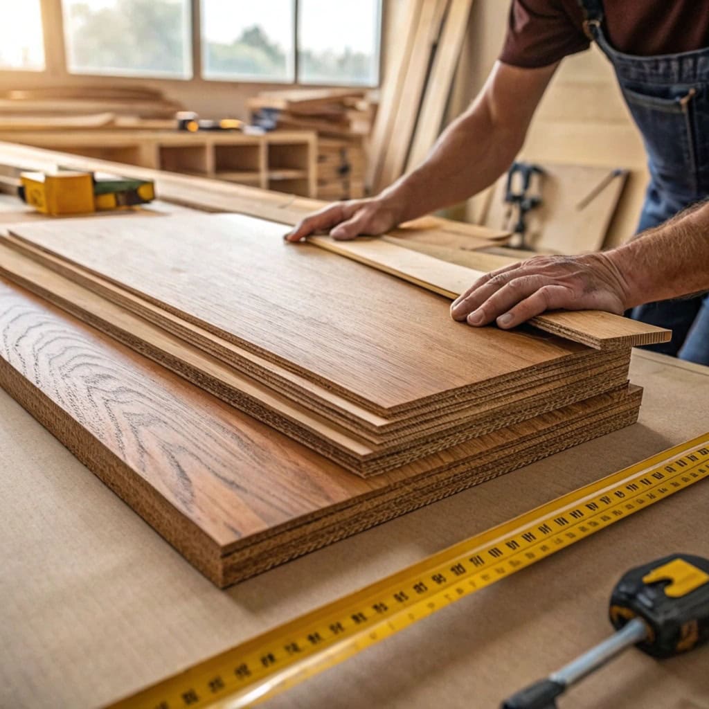 alt with Carpenter working with melamine boards, close-up of wooden panels and tools