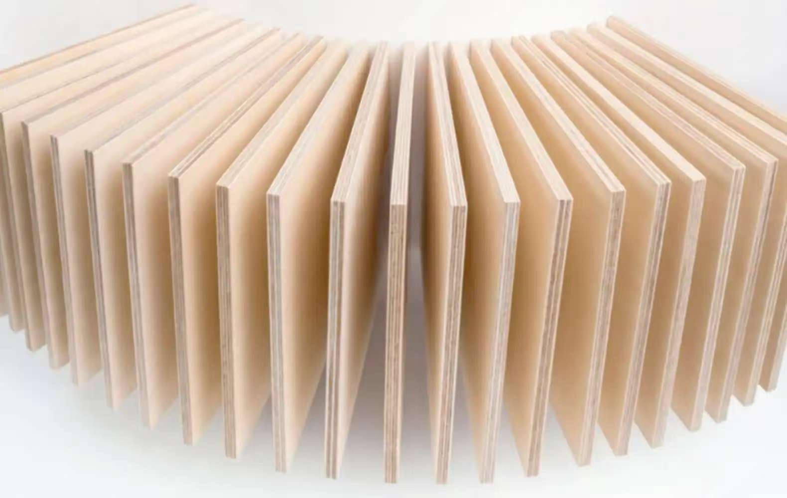 alt with Birch plywood boards neatly arranged in a curve