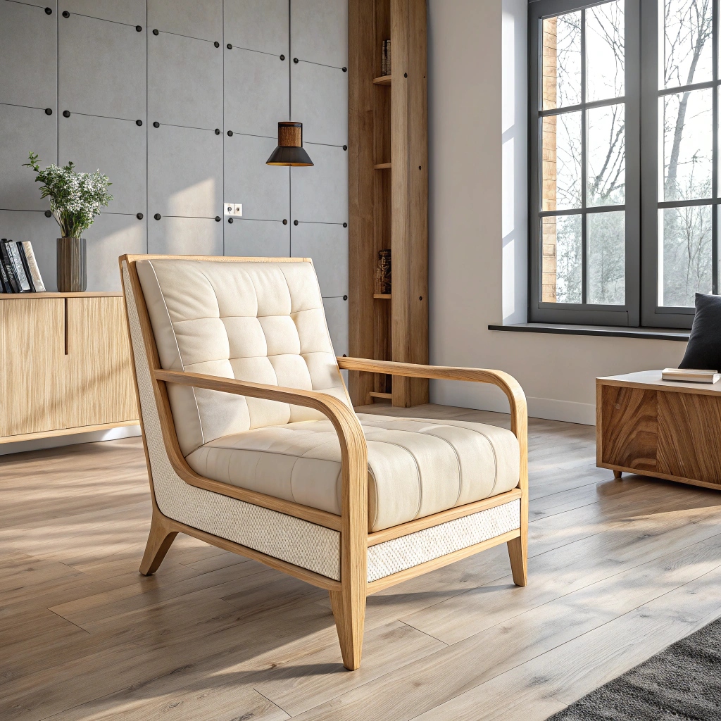 alt with modern beige lounge chair in sunlit room