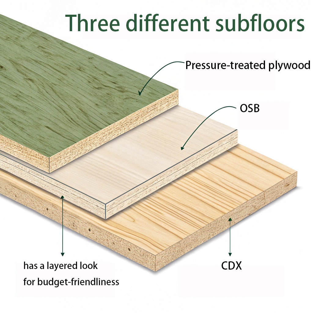 alt with Three types of subfloors: Pressure-treated plywood, OSB, and CDX