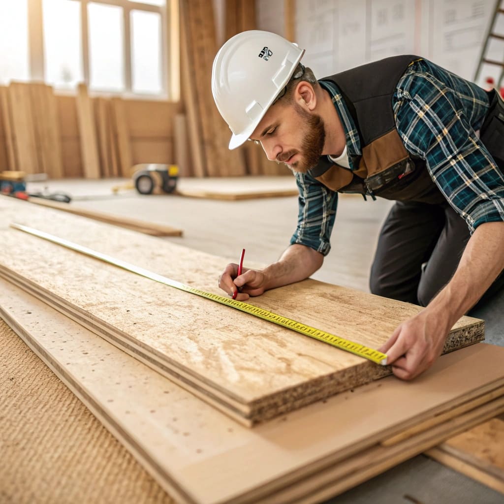 alt with Construction worker measuring wood panel for cutting