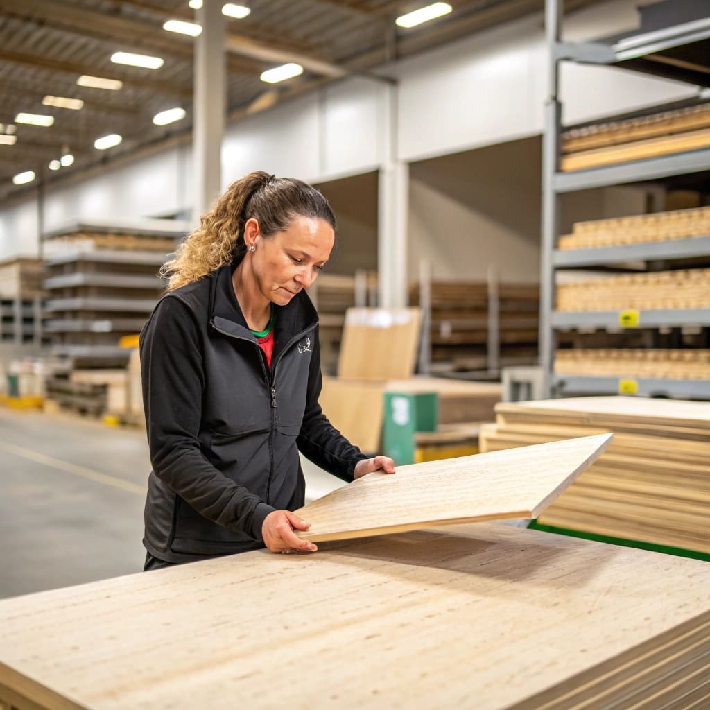 Woman inspecting wood board in factory